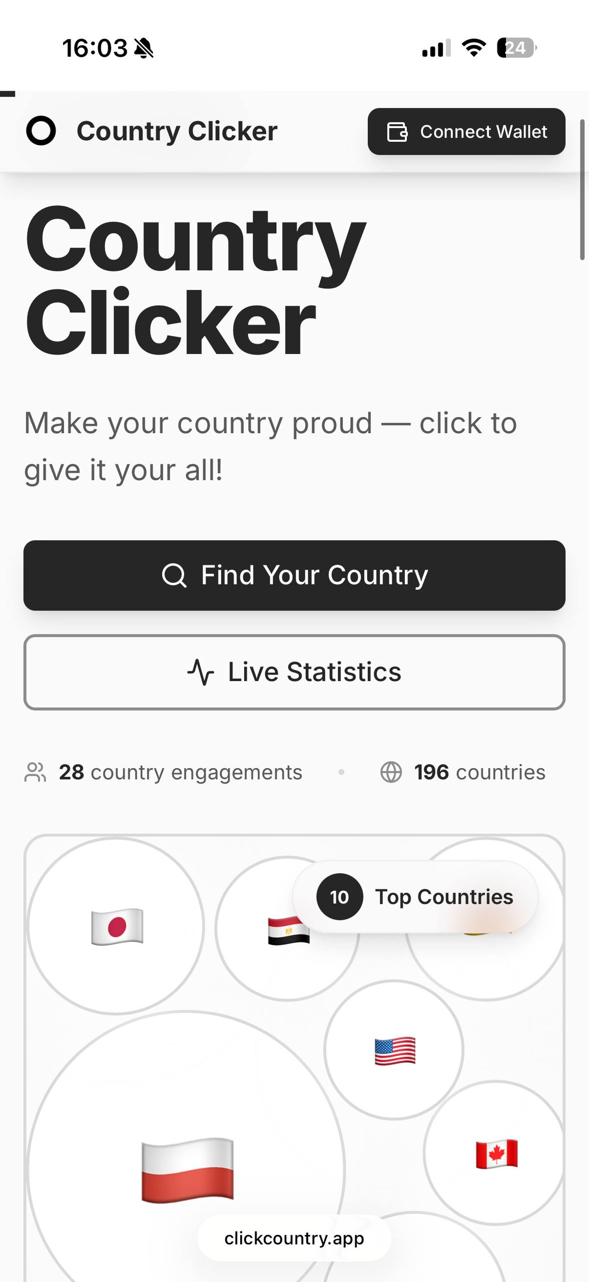 Country Clicker app screenshot showing country flags and engagement stats