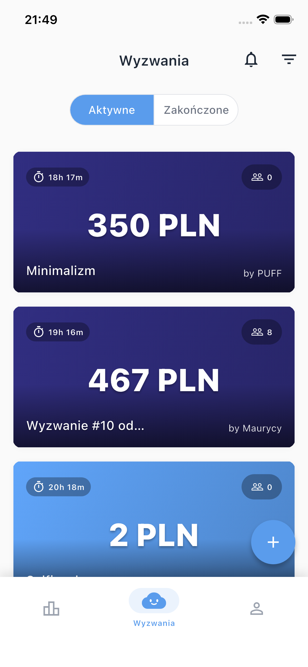 PUFF app screenshot showing challenge cards with PLN rewards